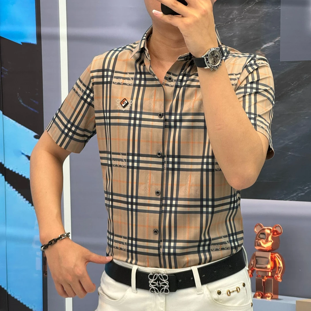 夏季（轩诚）桑蚕丝亚麻印花格子修身格纹商务高品质衬衣短袖衬衫