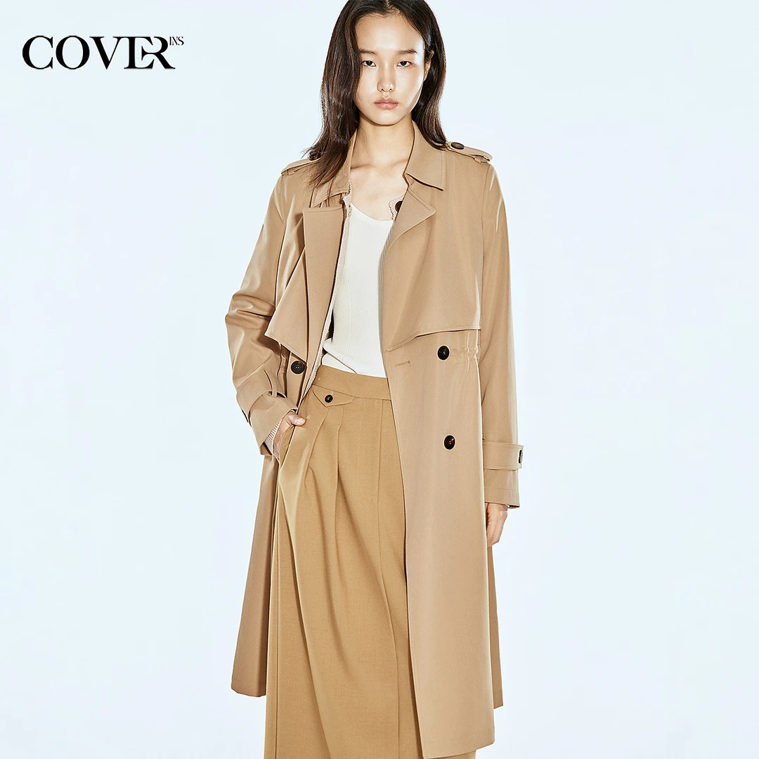 COVERINS2025春季弹力收腰气质长风衣外套
