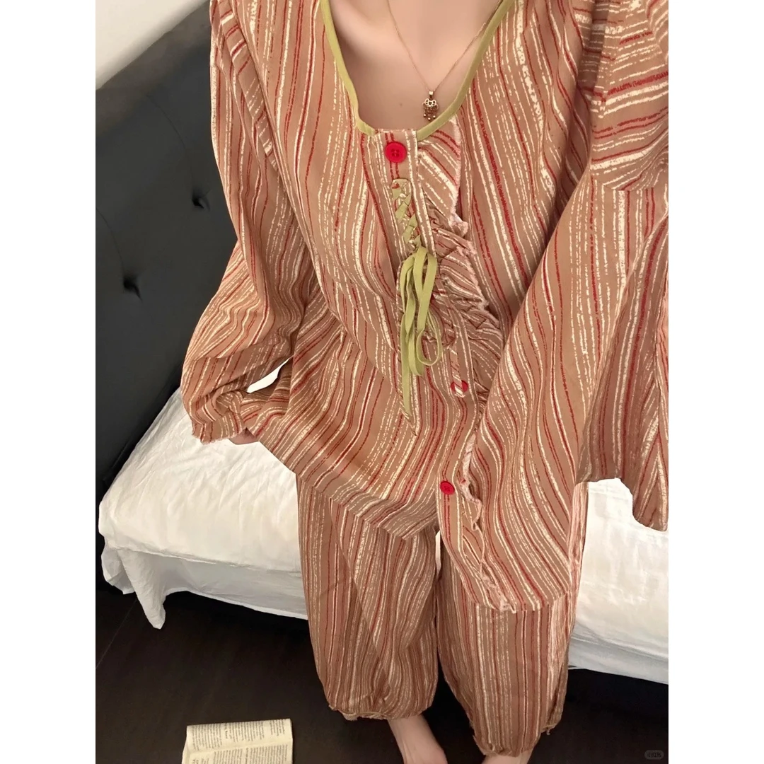 韩版甜美气质高级感条纹睡衣女秋季款休闲长袖长裤宽松家居服套装