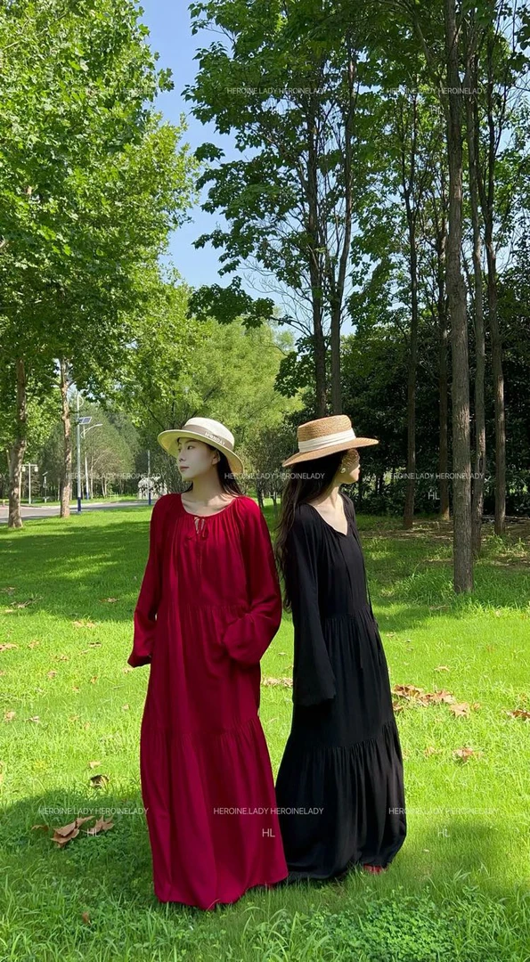 【游吟诗人】HL棉绸长袖圆领气质夏季长款韩版小众系带宽松连衣裙