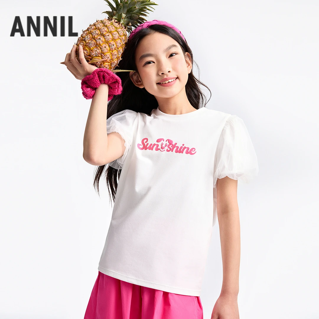 女童SORONA凉感圆领短袖针织衫大童夏季新款安奈儿童装EG521117