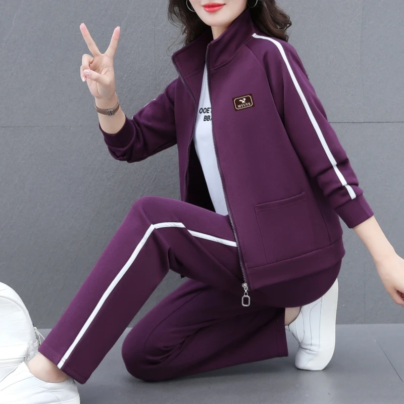 妈妈秋装运动套装女2025新款显瘦妈妈百搭休闲开衫三件套