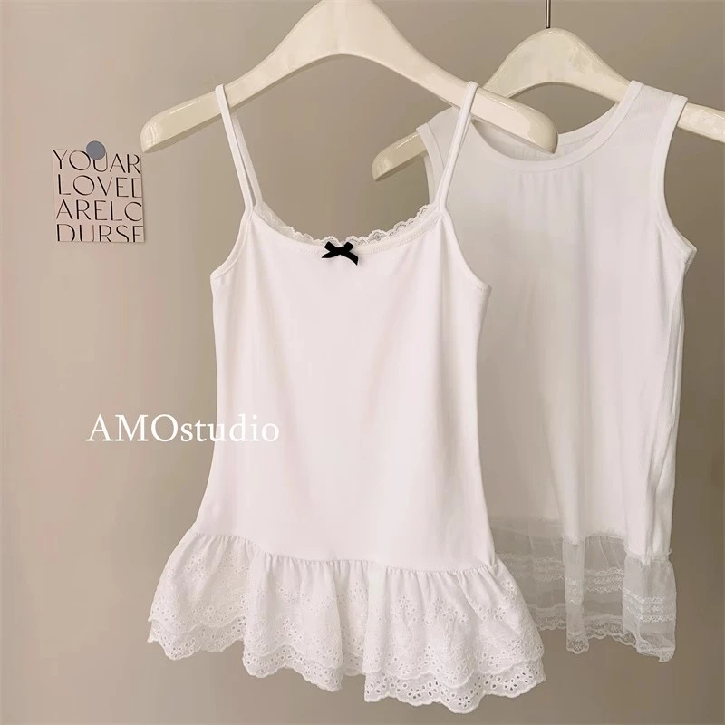 白色蝴蝶结吊带背心女荷叶边叠穿蕾丝花边下摆修身裙摆内搭打底