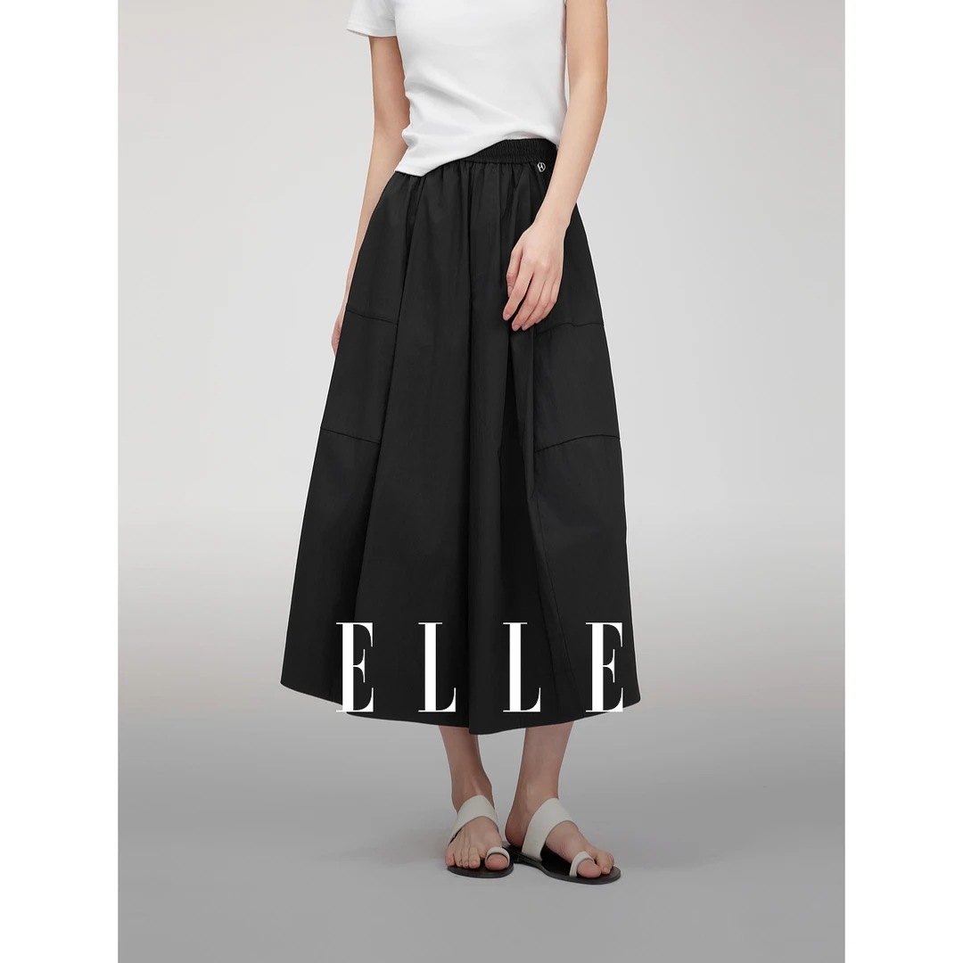 ELLE黑色宽松休闲短裤女款2025夏季通勤小众松紧腰八分裤EK51671