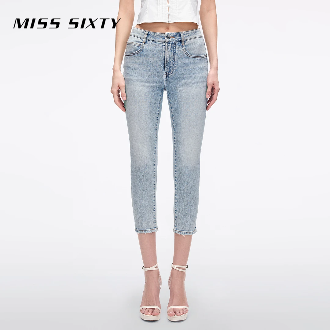 Miss Sixty2025夏季新款含天丝牛仔裤女钉珠绣花紧身七分铅笔裤