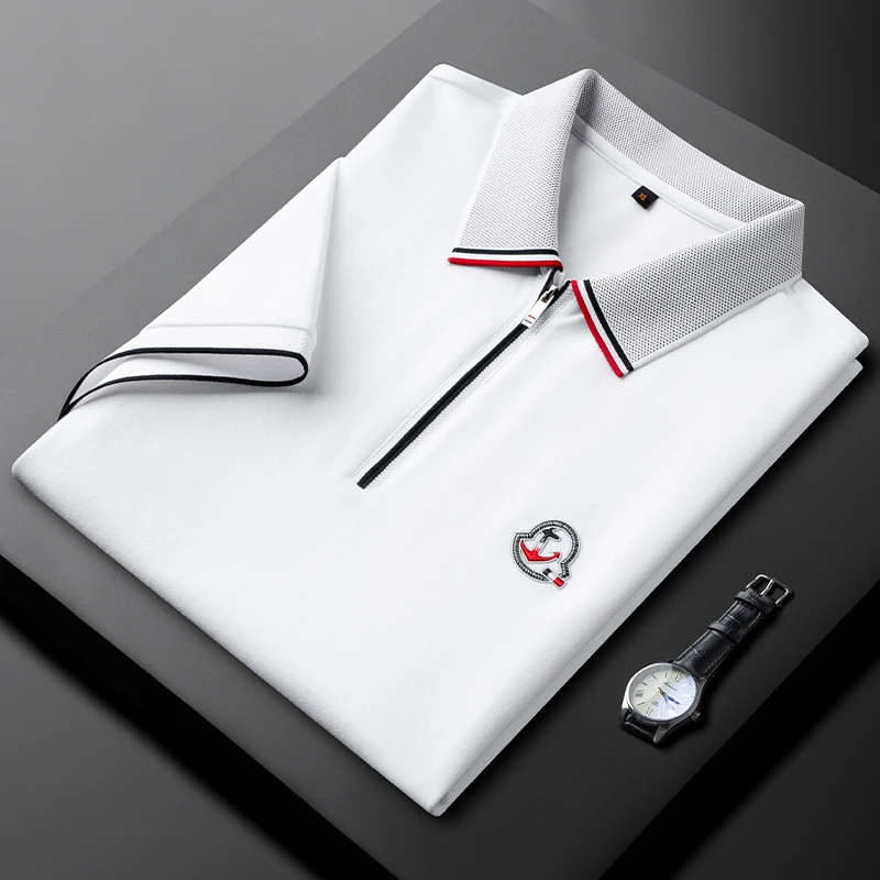 轻奢时尚半拉链翻领polo衫男士短袖夏季薄款精致刺绣休闲半袖上衣
