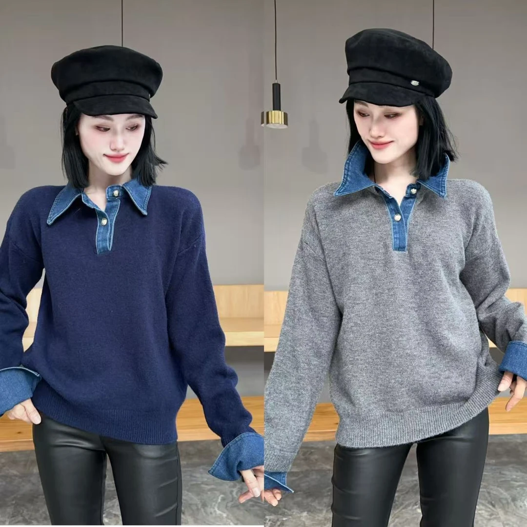 【YJ·高定】2025秋季新款设计感宽松百搭显瘦牛仔拼接毛衣女 YY3261