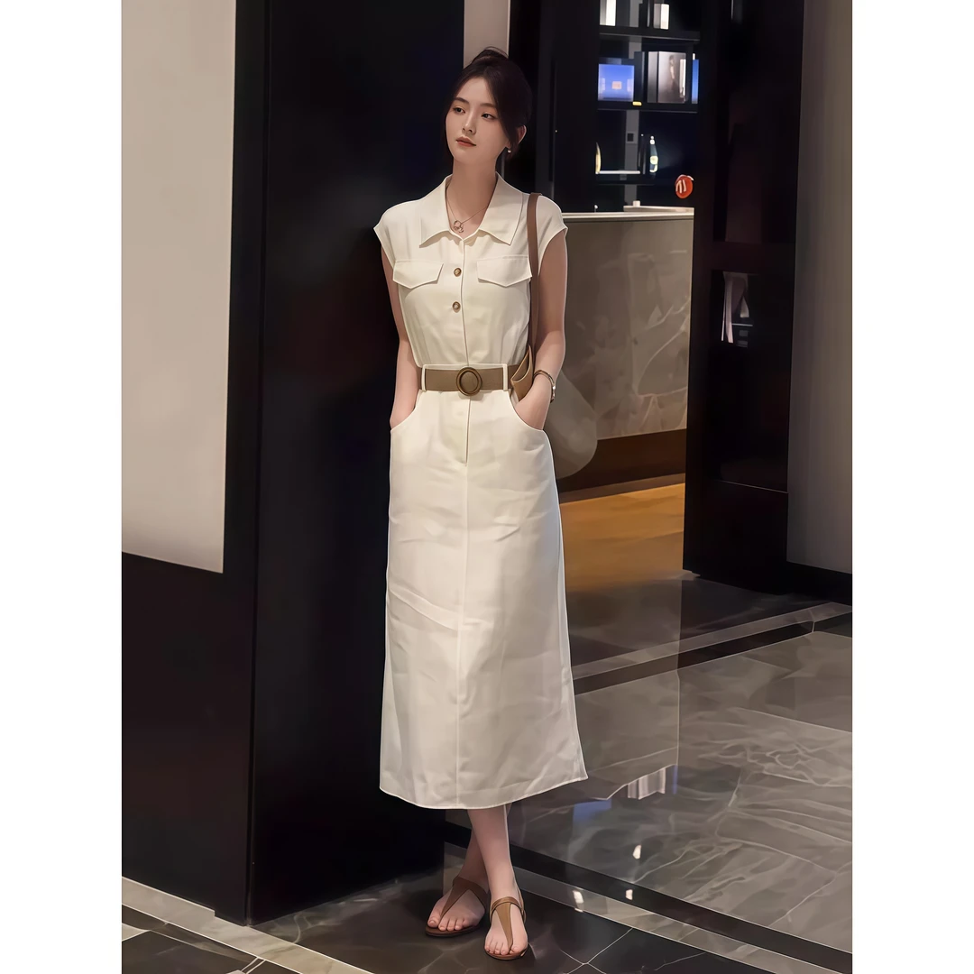 法式气质白色短袖连衣裙女2025夏季新款别致收腰显瘦开叉长裙子女