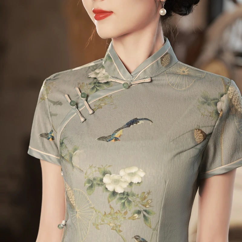 复古国潮风绿色针织提花旗袍2025年春季新款短袖改良年轻款