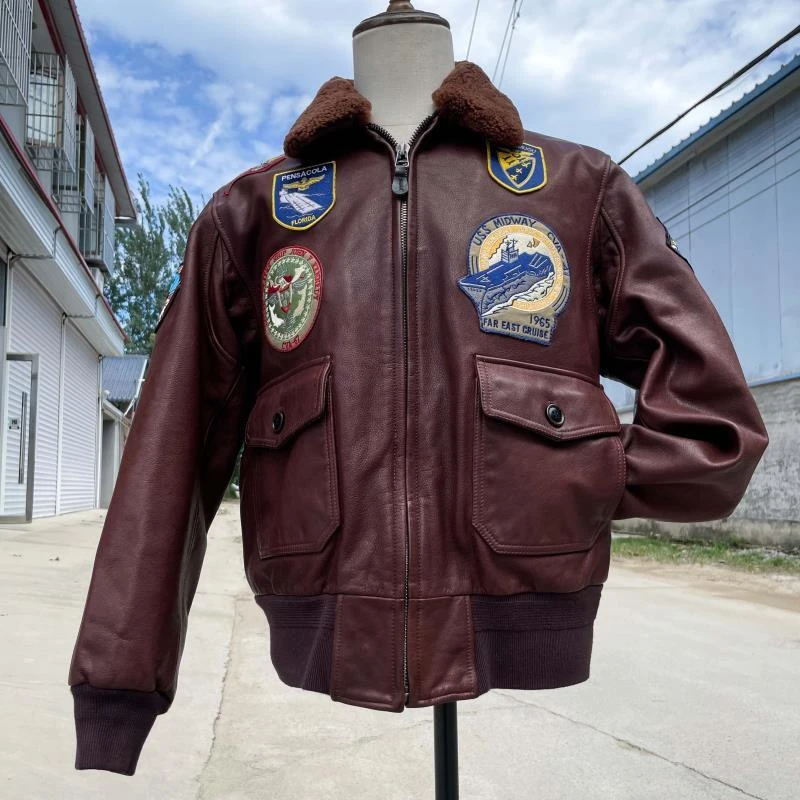 壮志凌云G1真皮飞行员夹克男多标油蜡植鞣黄牛皮皮衣