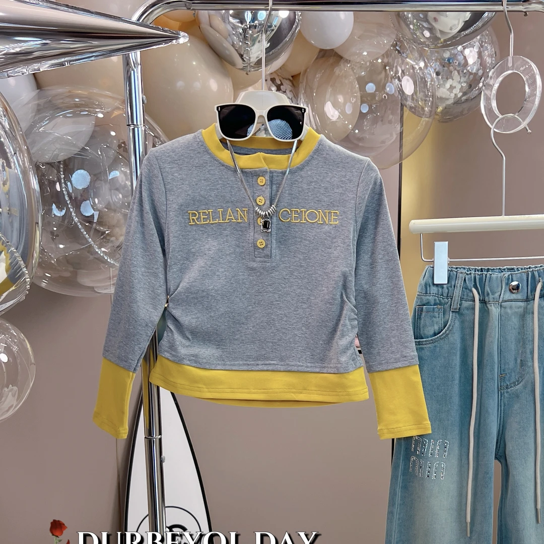 DURBEYQI/朵贝奇女童2025春季新款假两件撞色圆领卫衣5175