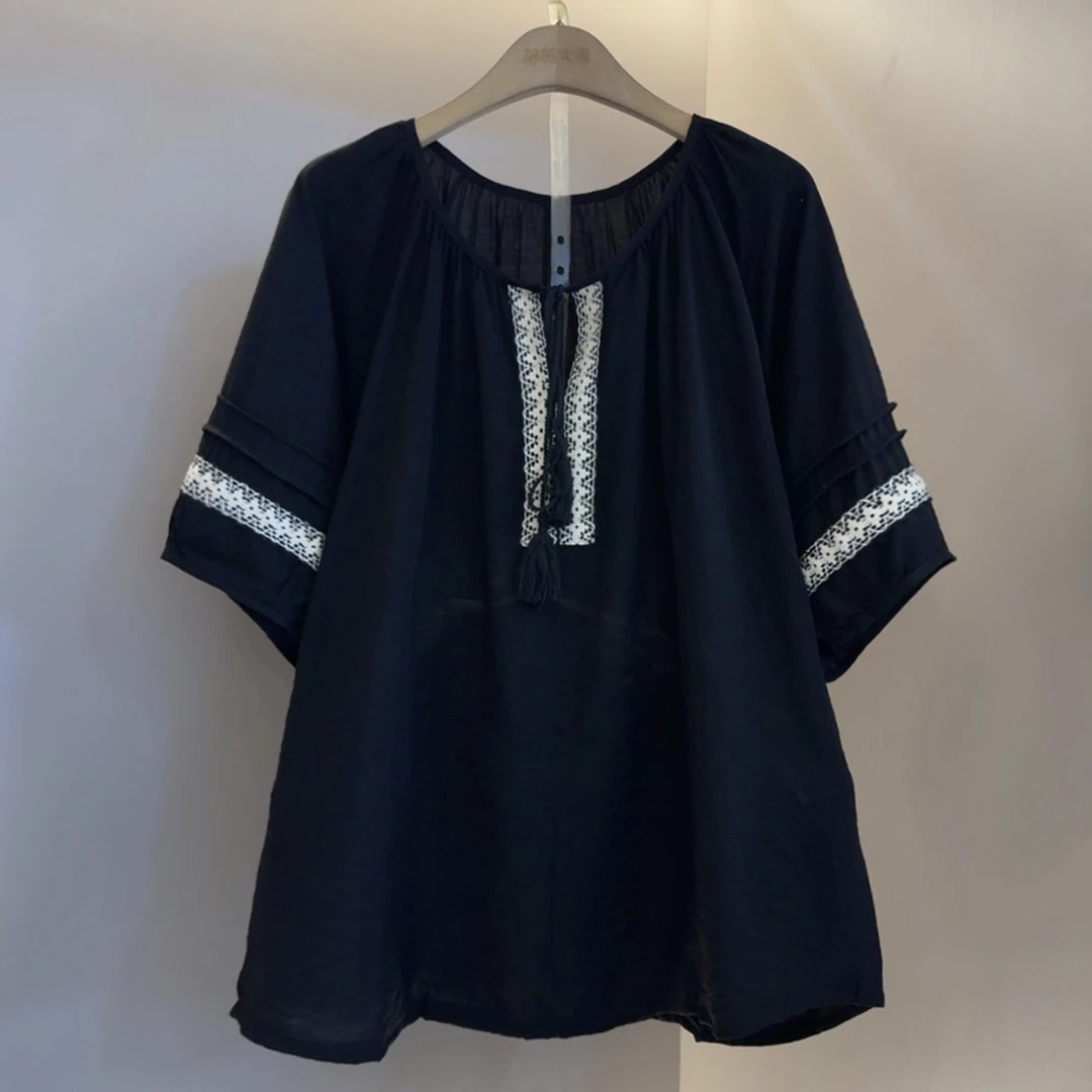 短袖夏季系带常规刺绣宽松型短袖女士时尚气质显瘦休闲百搭拼接