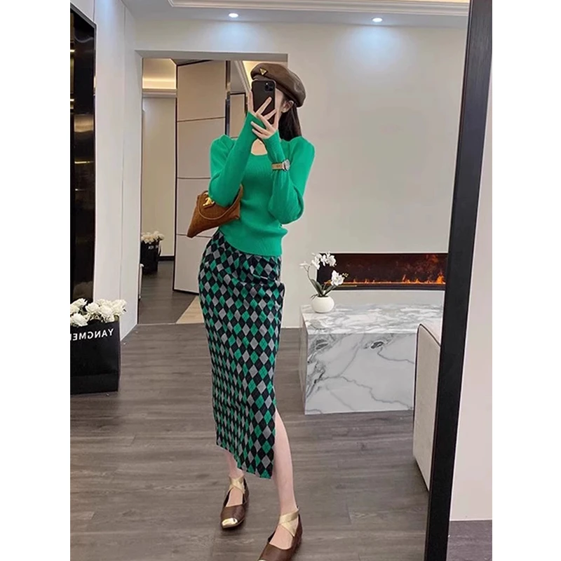 春秋新款洋气减龄显瘦高级感韩系气质针织衫时尚高腰半身裙两件套