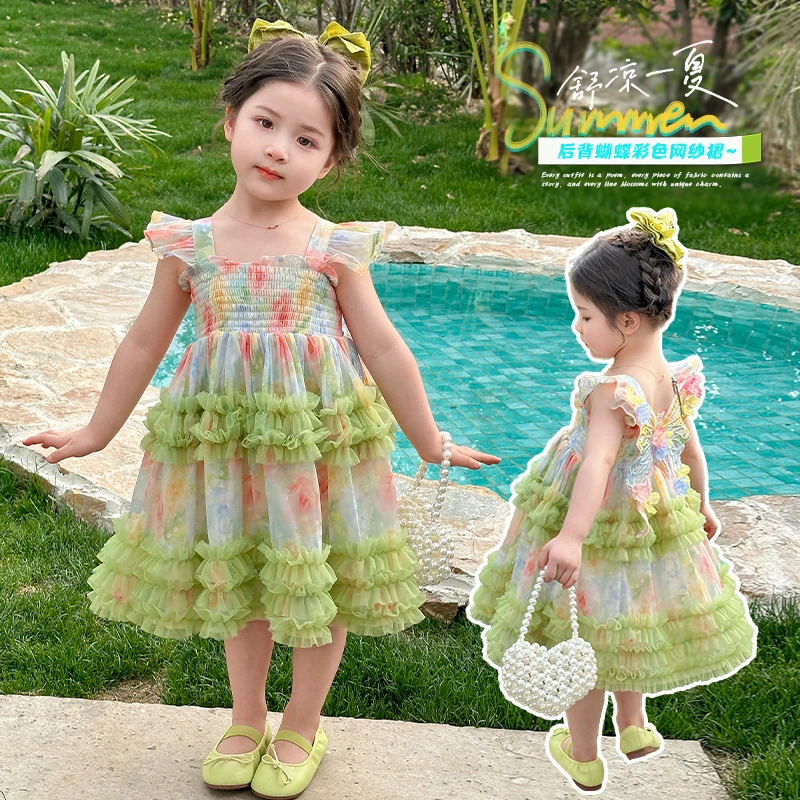 女童飞袖碎花连衣裙洋气甜美女宝宝蝴蝶结公主裙小女孩度假背心裙