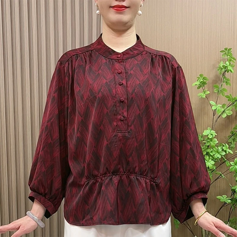 妈妈装春装洋气蝙蝠袖衬衣2025新款中老年女装大码宽松遮肚衬衣