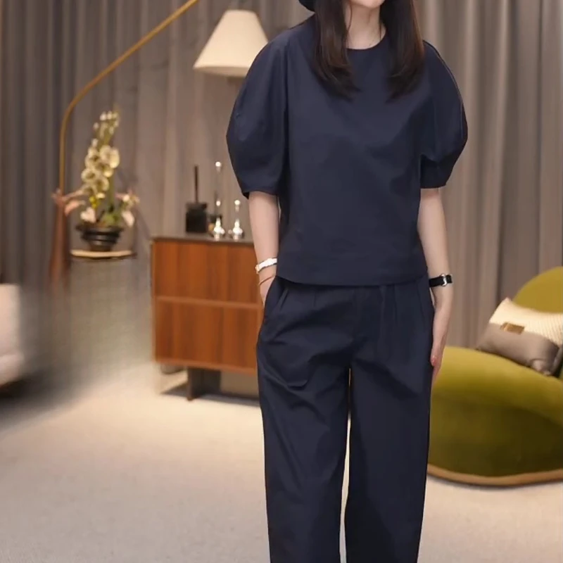 2025夏季灯笼袖小众计感圆领衬衫女+九分直筒休闲裤LK2502891