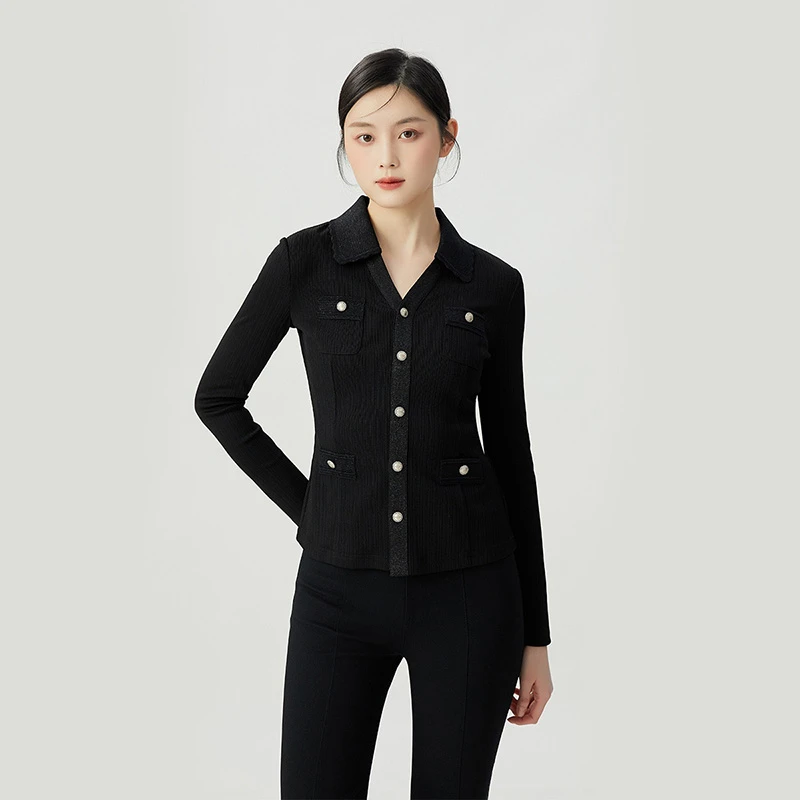 哥弟 新款百搭通勤气质长袖纯色修身翻领小香风衬衫女1300952