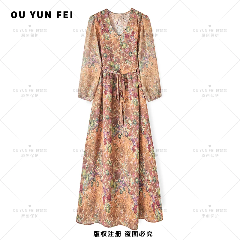 【爱马橙】明星高级感女新款气质显瘦时尚洋气印花超火连衣裙AY1186