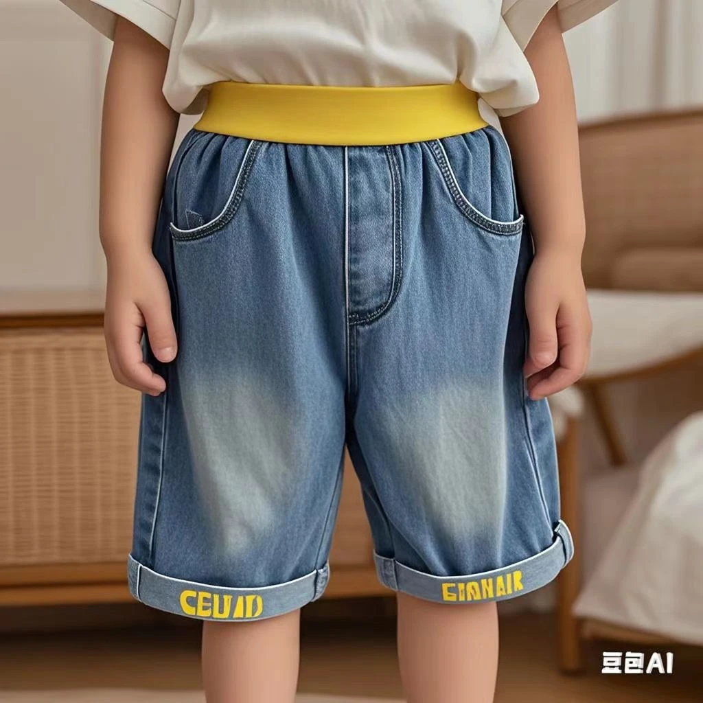 优儿宝贝1121937夏季男中腰软牛仔裤短裤五分裤A类弹力百搭洋气