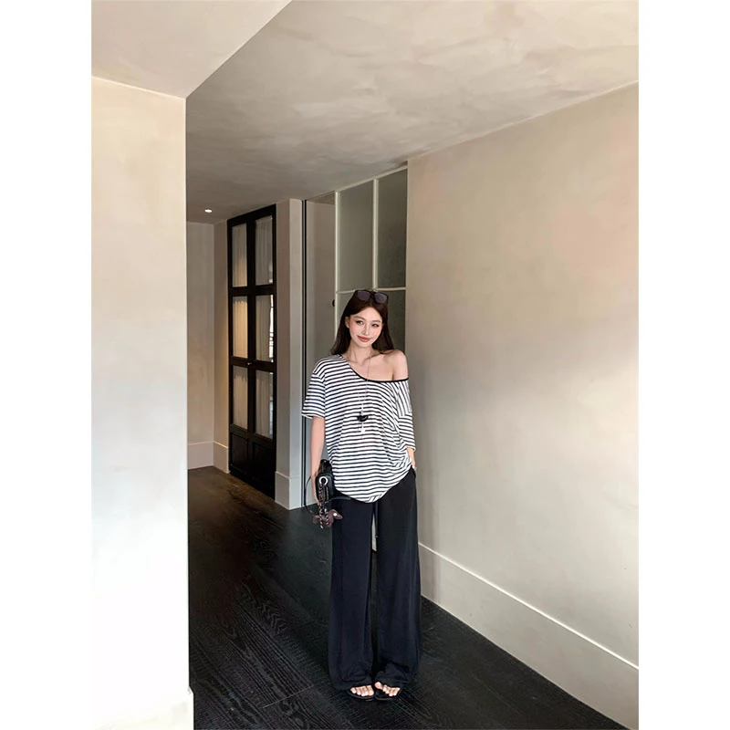 夏季新款休闲百搭斜肩斜纹辣妹条纹上衣直筒松紧腰休闲裤长裤套装