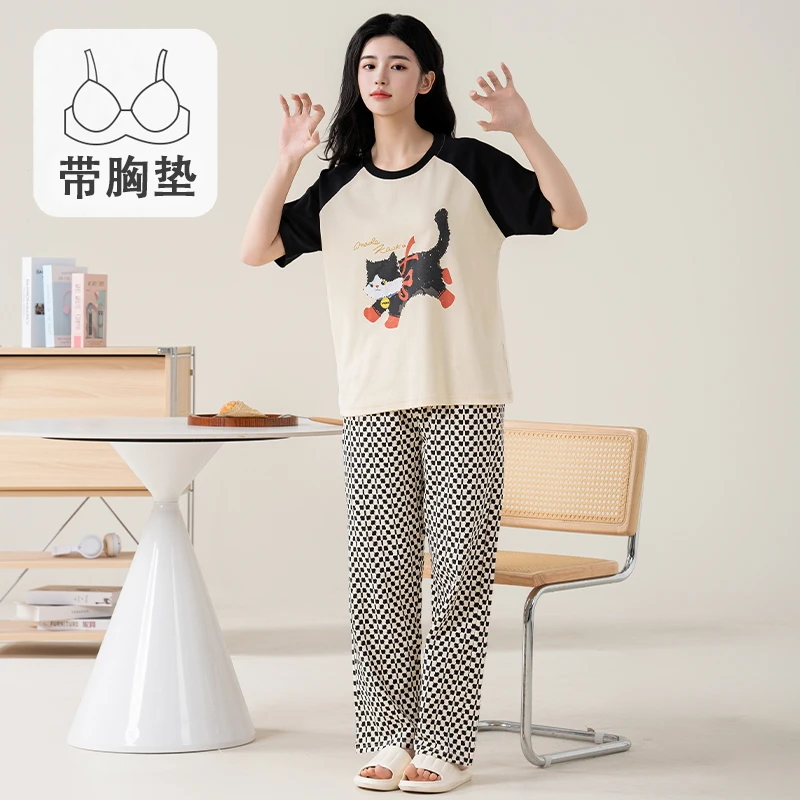 3173（拍一发三）卡通小猫短袖长裤短裤带胸垫三件套睡衣家居服MJL