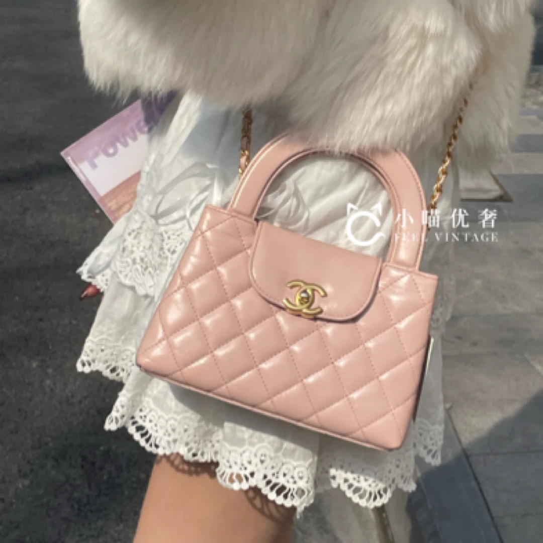 99新 Chanel/香奈儿 樱花粉色粉金扣大号kelly手提单肩包菱格时尚
