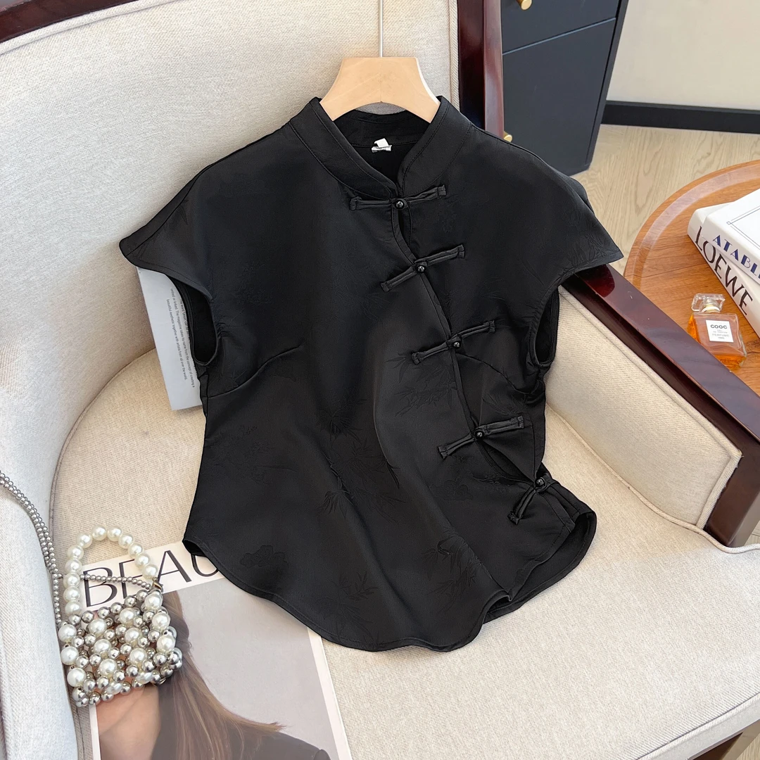 夏季短袖新款女装衬衫国风T恤打底上衣气质中式旗袍上衣开叉显瘦