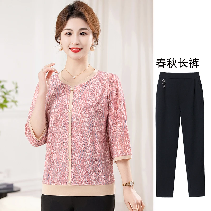 中老年春季七分袖宽松上衣妈妈装春夏新款中袖T恤高弹力印花衣服