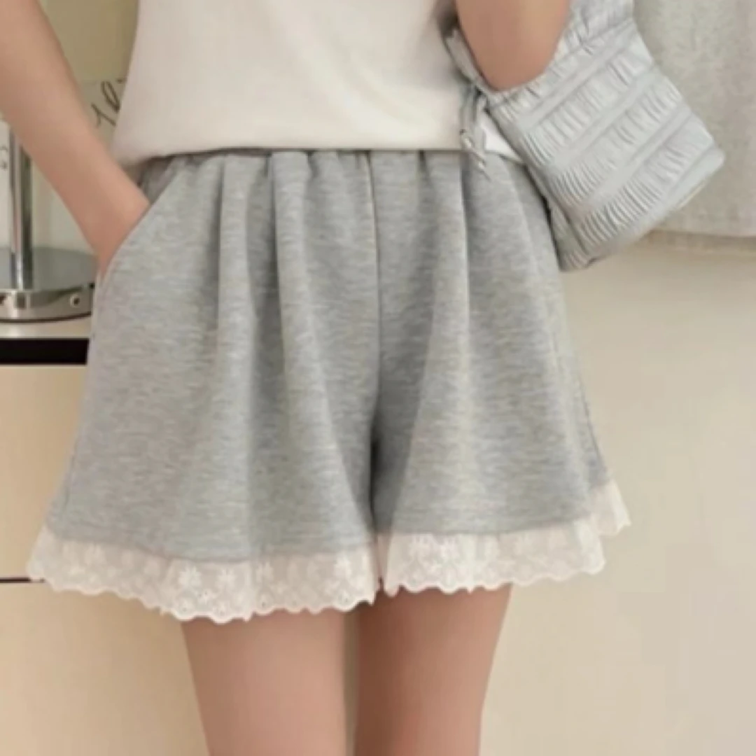 设计感小众蕾丝边阔腿短裤女夏季韩版宽松高腰运动休闲热裤ins潮