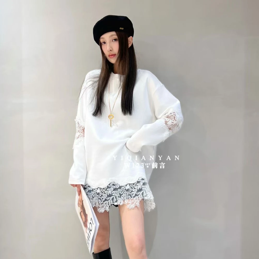 欧货正品秋蕾丝拼接宽松长袖显瘦t恤百搭上衣女6427