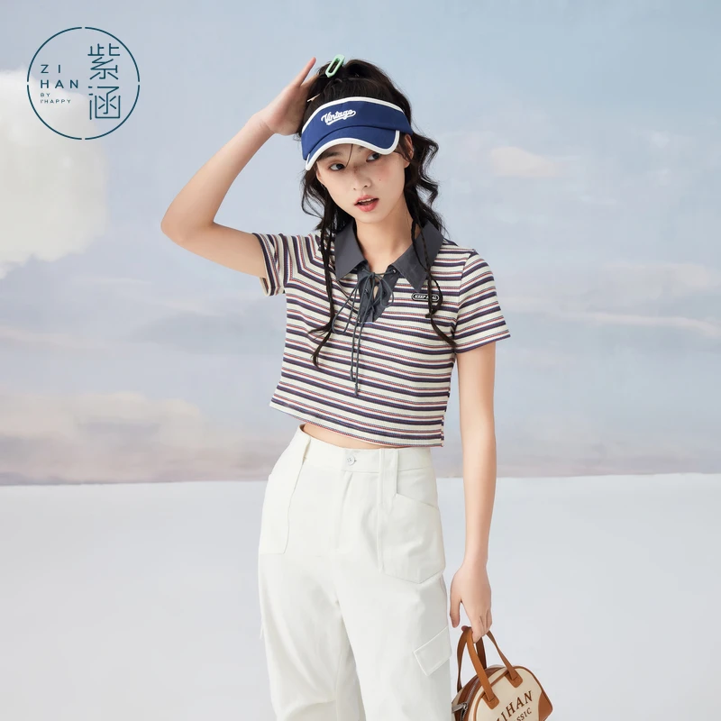 紫涵POLO领短袖T恤女夏季新款撞色条纹短款针织小衫Z4Z04AS206