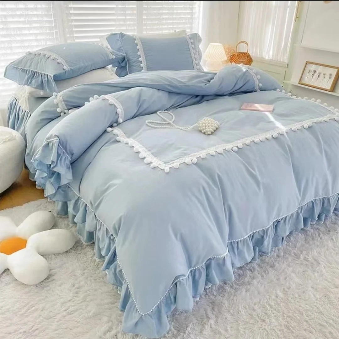 新款韩版100%纯棉蕾丝花边床裙款网纱四件套纯棉少女公主风ins风