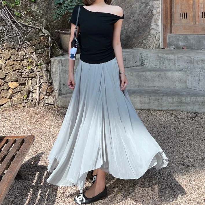 夏上新 纯色冰纱不规则飘逸大裙摆 时尚高腰A字半身裙百搭伞裙