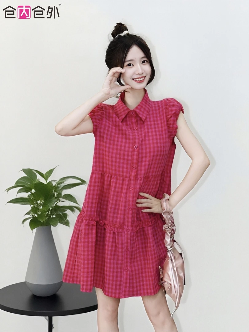 新款韩版格子时尚中长款气质吸汗百搭A字裙吊带连衣裙