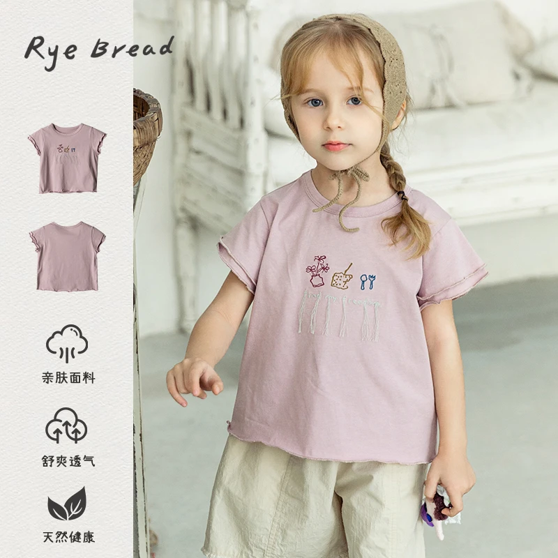 ryebread/黑面包童装 韩版女小童卡通字母刺绣圆领短袖T恤 5夏