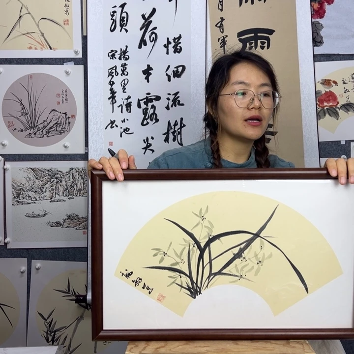 国画手绘带框空谷幽兰