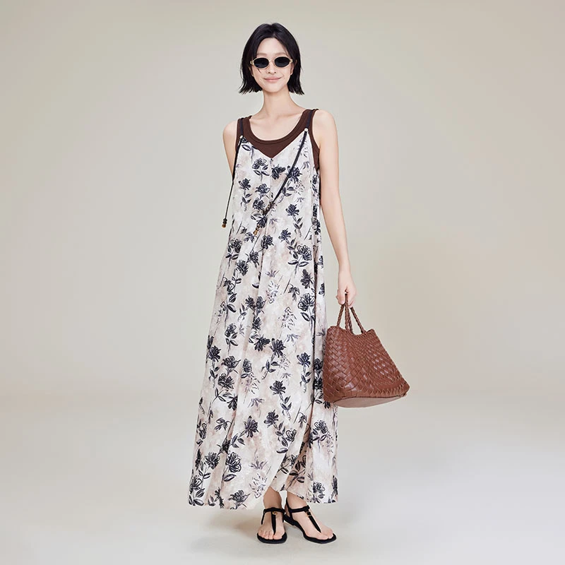 美洋MEIYANG 花荫连衣裙【商场同款】休闲度假水墨印花吊带裙碎花