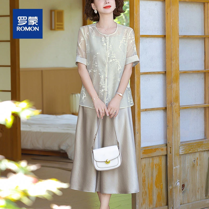 罗蒙时尚妈妈显瘦连衣裙套装优雅中老年女装夏季新中式高端中长裙