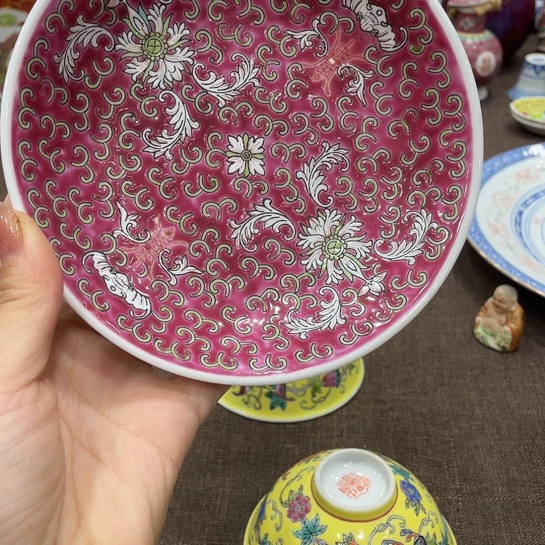 陶景德镇粉彩红洋莲窝盘