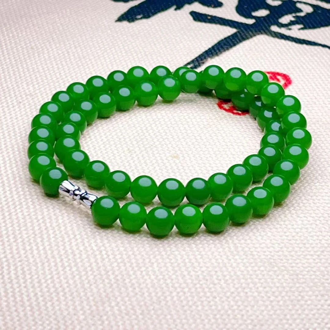 天然和田玉俄碧8mm圆珠链菠菜绿无黑点妈妈链拍一发一A0171