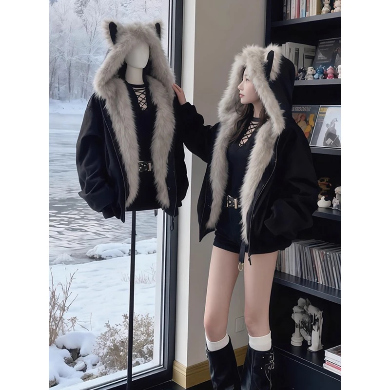 FDR猫耳朵毛领连帽夹克男女秋冬季加厚保暖棉服美式重磅boxy外套