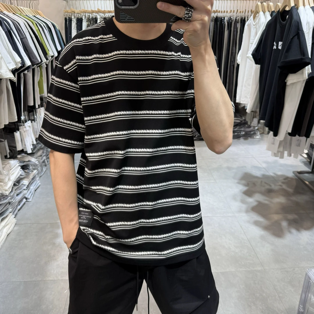 夏季新款男士短袖百搭潮流时尚黑白条纹宽松撞色上衣圆领半袖休闲