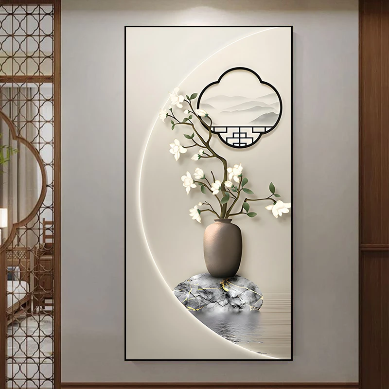 G010新中式玄关墙上装饰画走廊过道挂画玄关墙面装饰竖版壁画