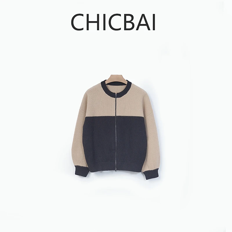 CHICBAI 立体鱼鳞针法廓形坑条撞色加厚羊毛外套BA512