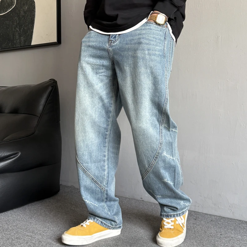 春夏美式休闲痞帅水洗复古浅蓝色牛仔裤男直筒宽松百搭阔腿裤子潮