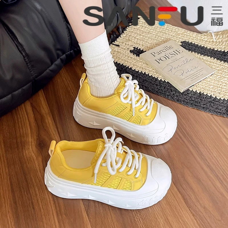 三福厚底大头小白鞋女2025年新款休闲网面时尚松糕鞋内增高面包鞋