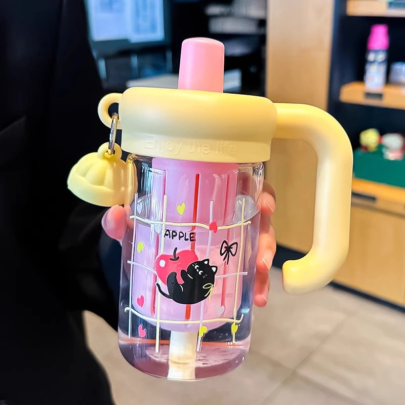 可爱水杯耐高温玻璃杯女高颜值带把手杯子夏季便携茶水分离吸管杯