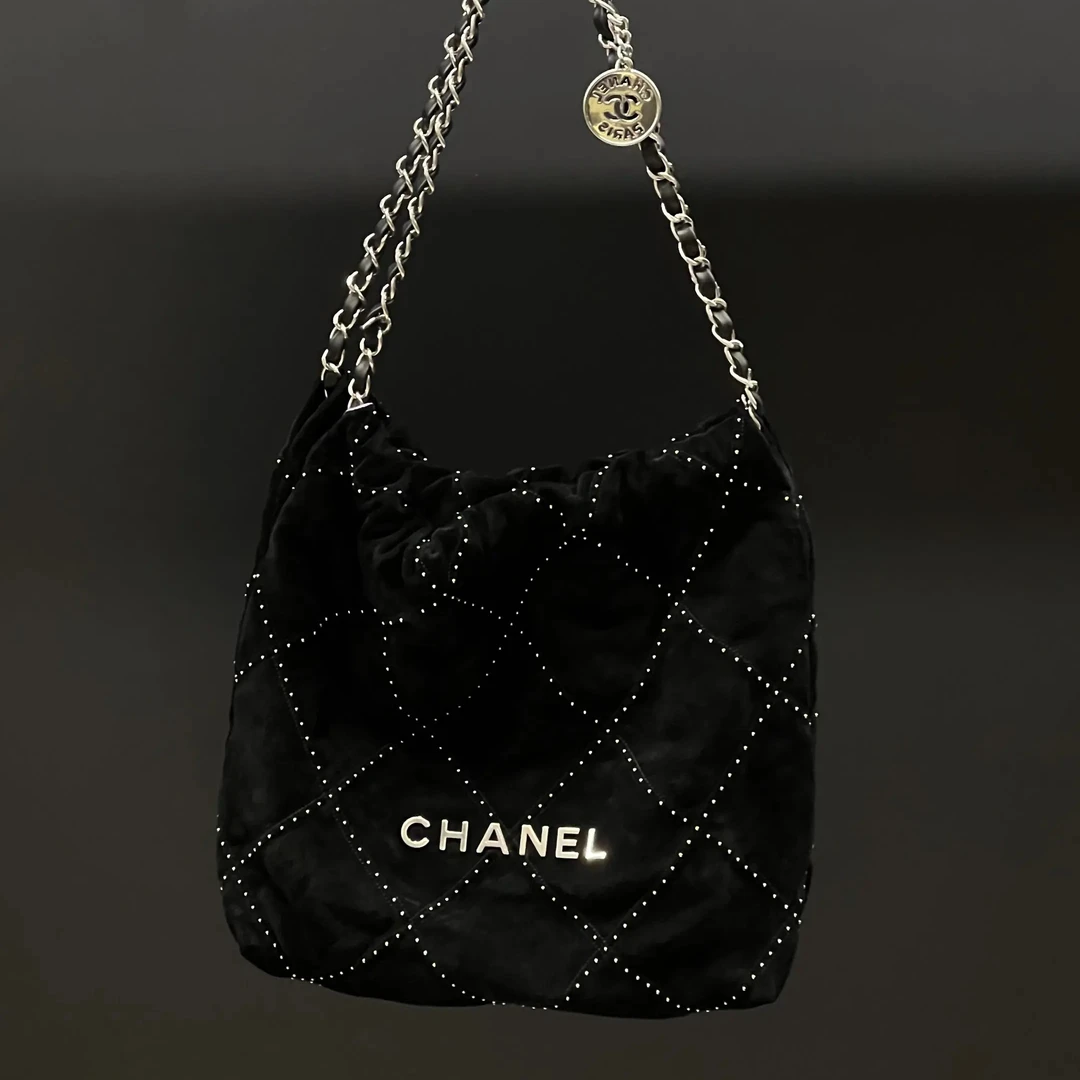 99新 Chanel/香奈儿 3457 黑银25s麂皮铆钉22bag小号芯片款