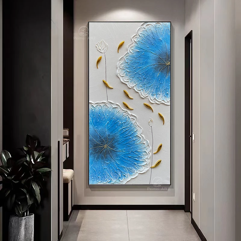 九鱼荷花手工正对入户门现代2025壁画玄关挂画2025最新款高级感