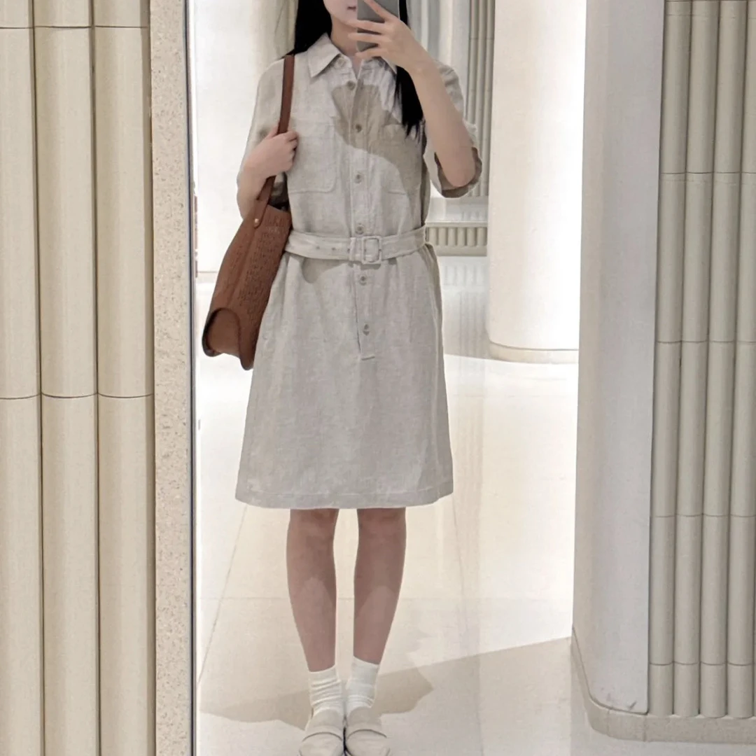 现货 小禾风亚麻原色气质通勤单排扣腰带POLO领及膝短袖连衣裙夏